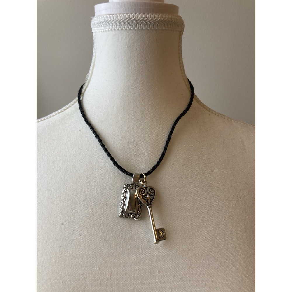 Silver Tone Heart Key Necklace Photo Locket Pendant Black Braided Cord‎